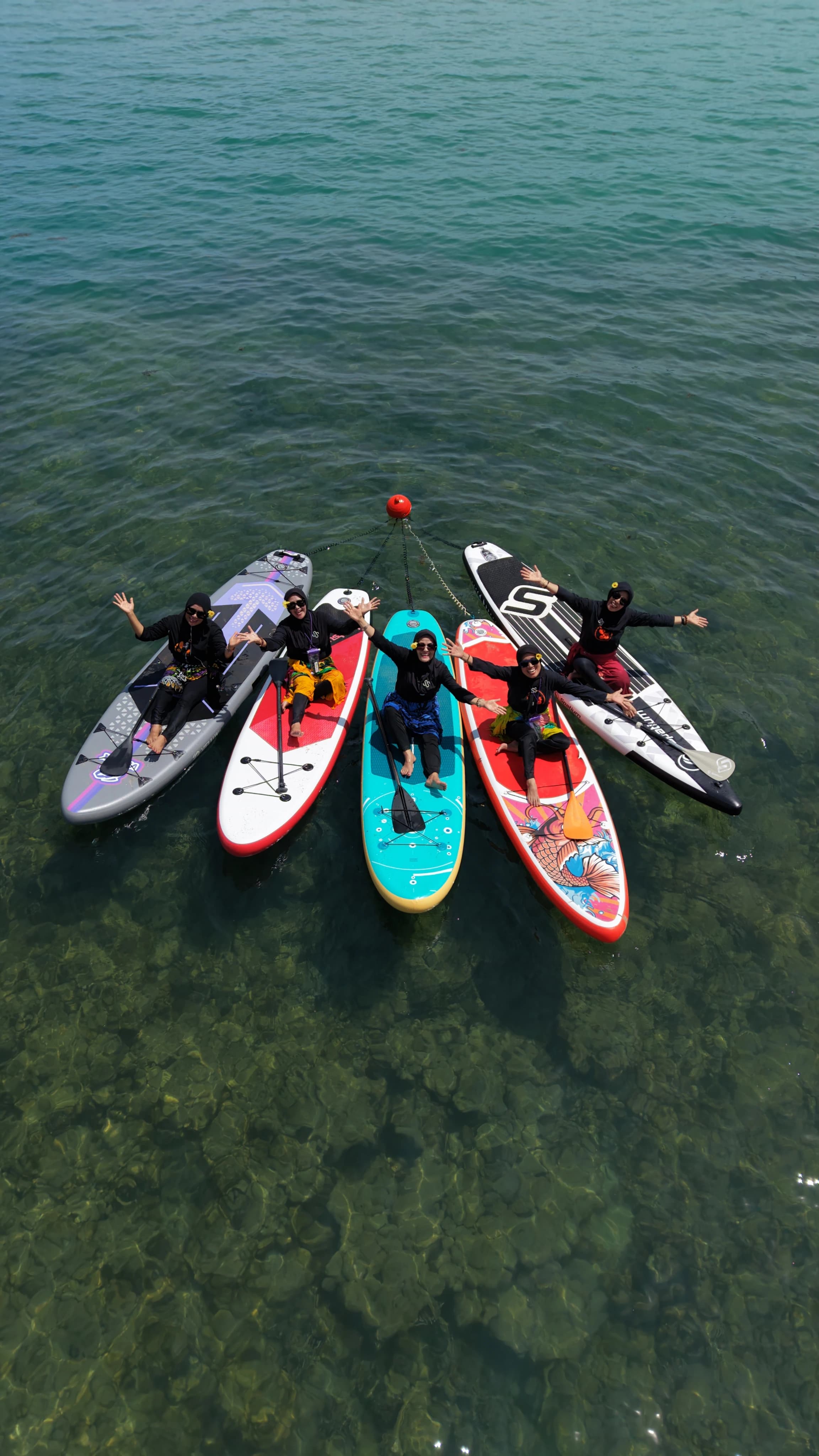 Lima paddle board berbaris dilihat dari atas